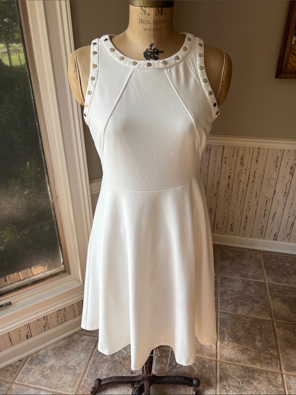 Ivanka Trump White Sleeveless A-Line Dress with Stud Trim